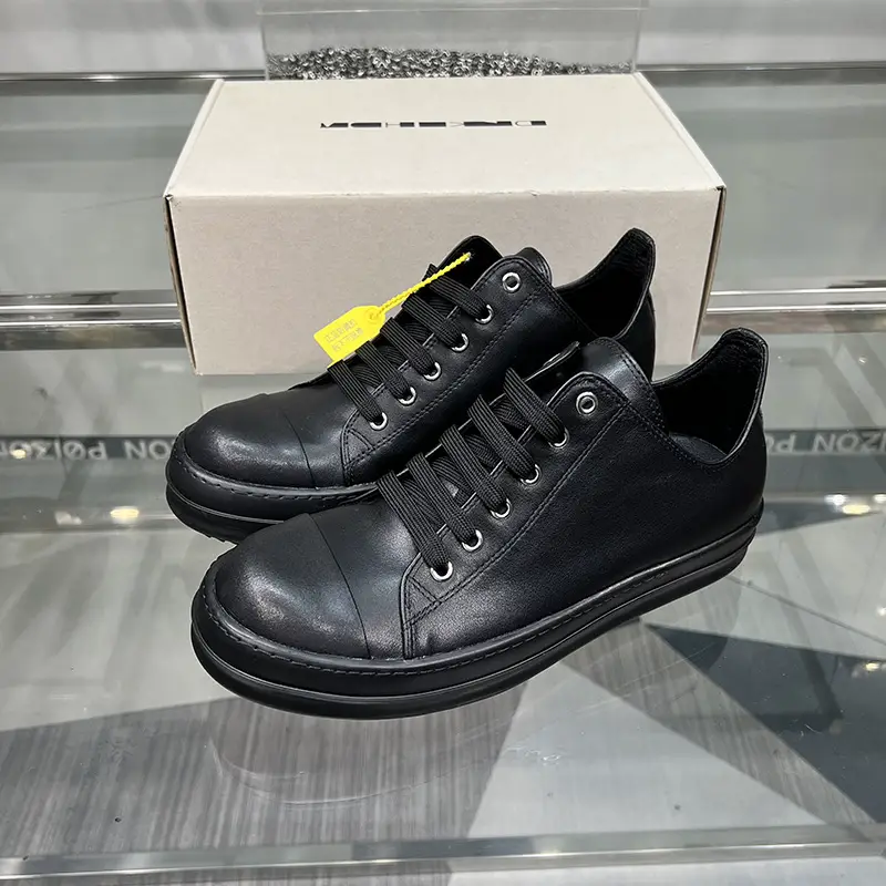 Round Owens Shoes Summer First Layer Cowhide Pure Black Men's and Women's Low-Top Thick Sole Increased Leather Casual Board Shoes