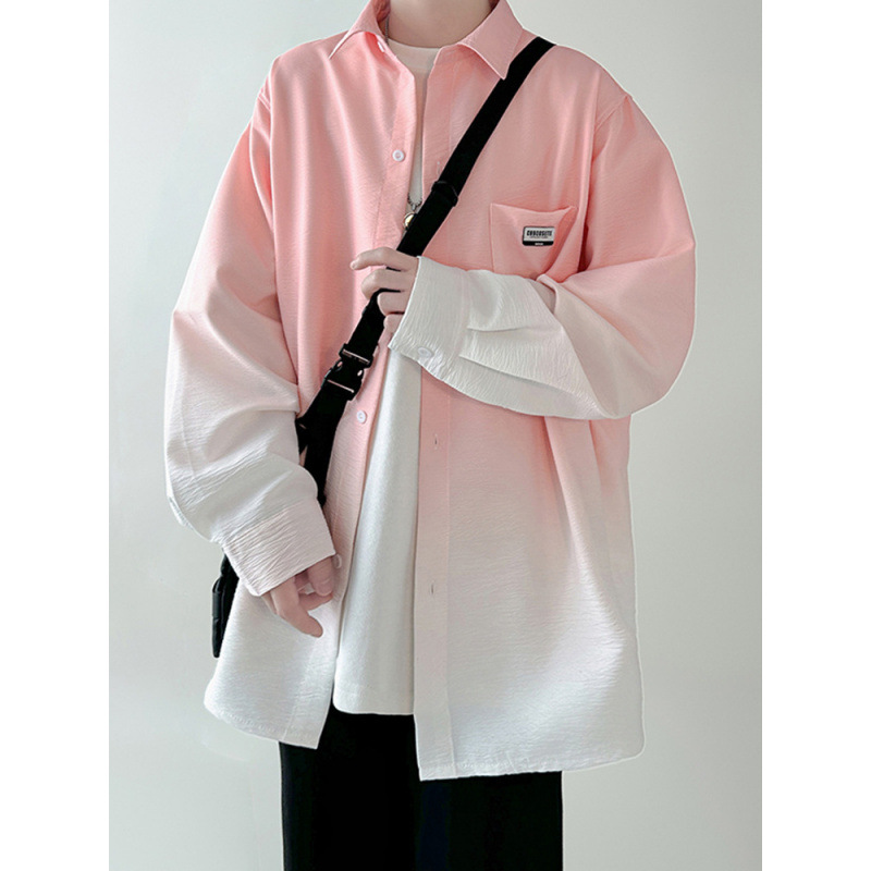 Hong Kong Style Retro Gradient Long-Sleeved Shirt for Men, Autumn Washed Pleated Design Shirt, Trendy Versatile Casual Jacket