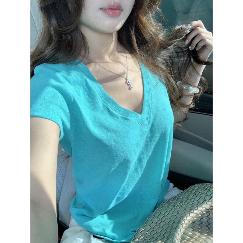Tiffany Blue Right Shoulder V Neck Short-Sleeved T-Shirt Women's Pure Cotton Summer Pure Lust Style Low-Neck Loose Top Export Wholesale