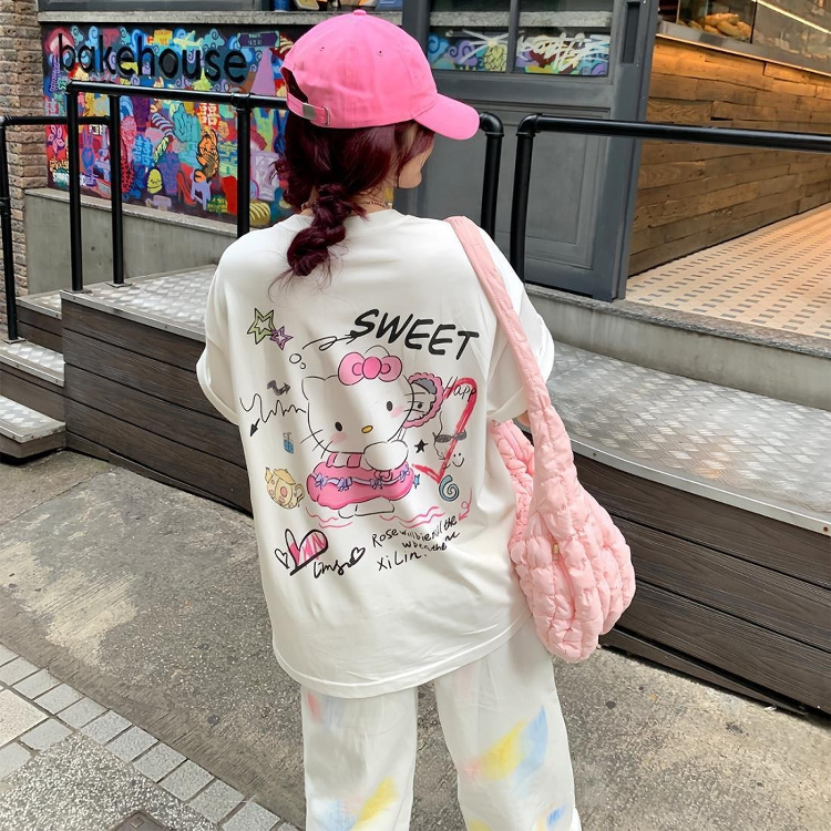 2025 New Summer Style Japanese and Korean Girl Hell--Okt Cat Age-Reducing T-Shirt Sweet Versatile Cotton Top Short-Sleeved Women