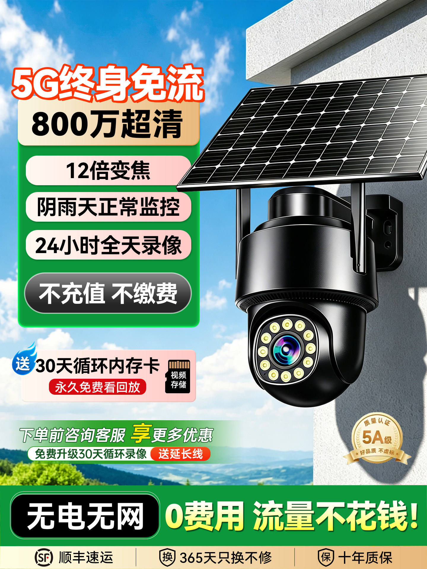 Solar-Powered Surveillance Camera with 360-Degree Coverage, No Blind Spots, Outdoor Use, No Electricity or Internet Needed, High-Definition Night Vision, Waterproof, Plug-In-Free