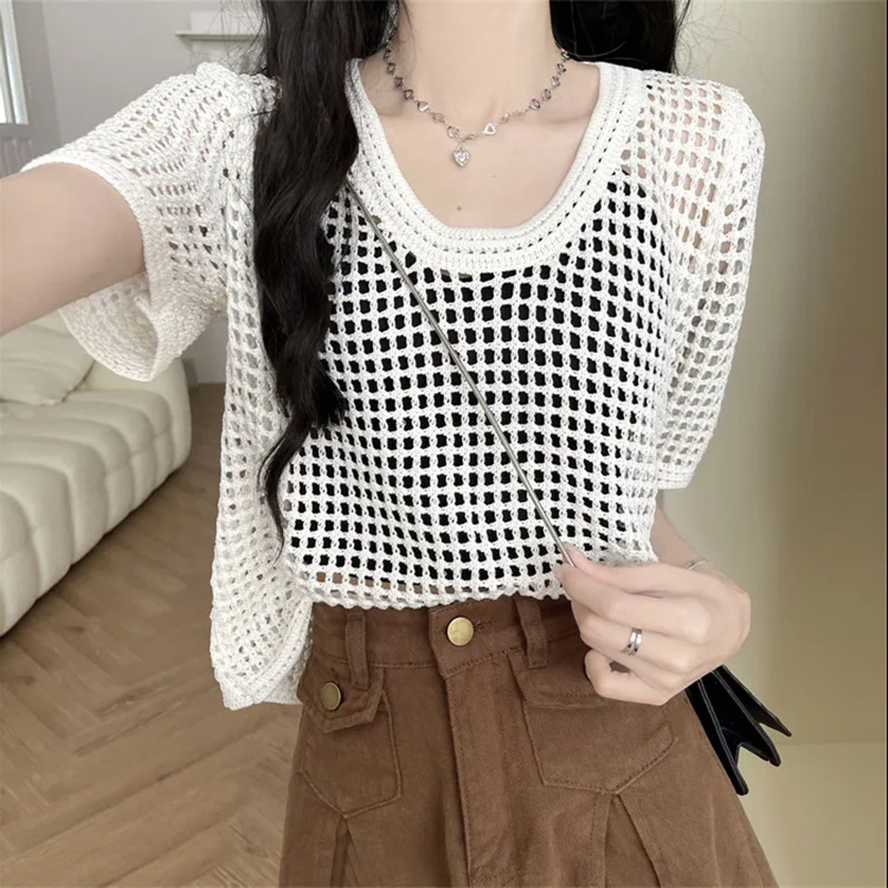 2025 Summer Hollow Short-sleeved T-shirt Women's Korean-style Design Hole Shirt Loose Blouse Crewneck Knitted Top Trendy