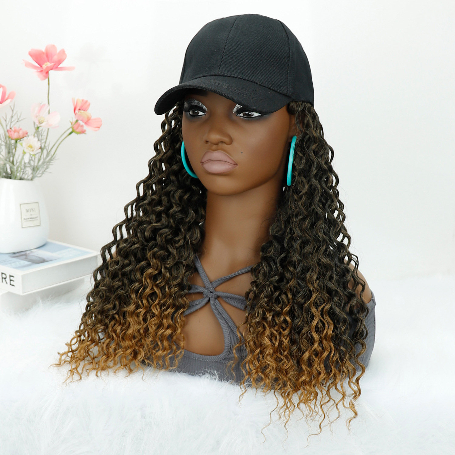 Foreign Trade European and American African Duckbill Cap Wig Deep Curly Hat Wig Cross-Border Long Curly Hair Hat Wig