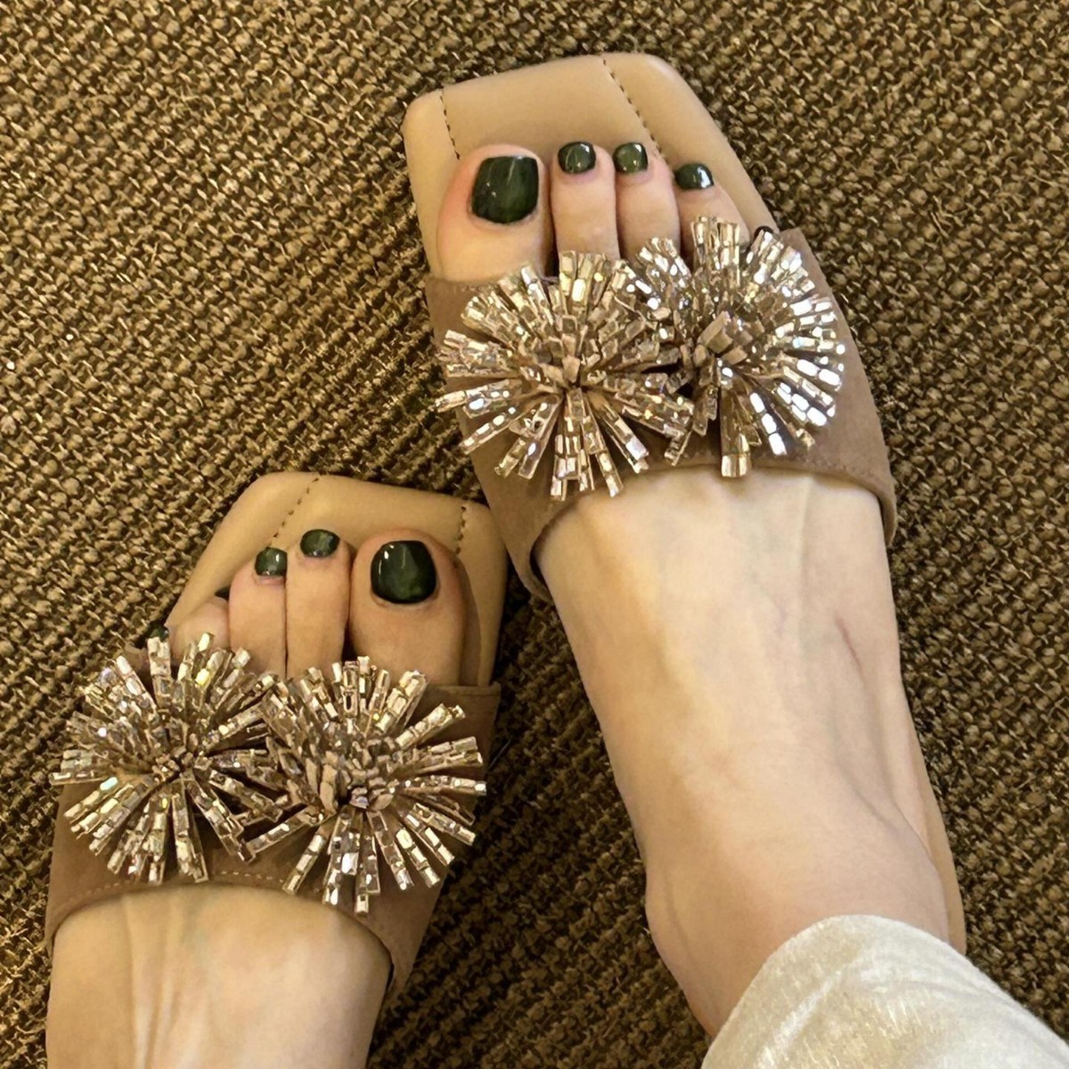 In Stock~Sheep Suede Square-Toe Open-Toe Sandals for Women, New Summer Style, Fairy-Style Chunky Mid-Heel Beach Slippers