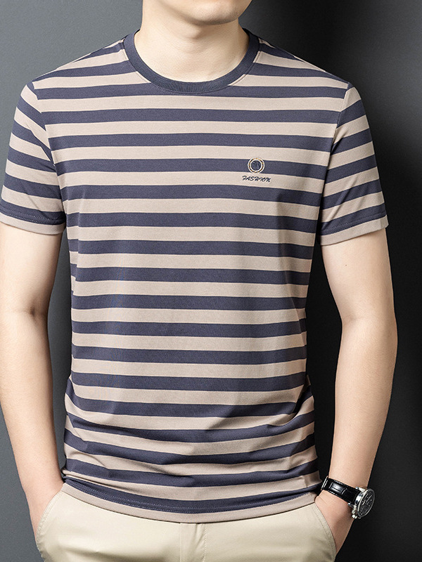 Men's Short-Sleeve T-Shirt with Mulberry Silk, Striped Summer New Thin Fashion Trendy Round Neck Casual Drop Shipping