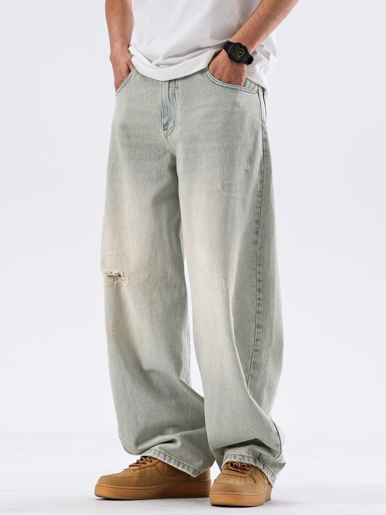August Light-Colored Ripped Jeans for Men 2025 New Style Cool Loose Straight Wide-Leg Scimitar Pants Trendy Brand Men's Pants