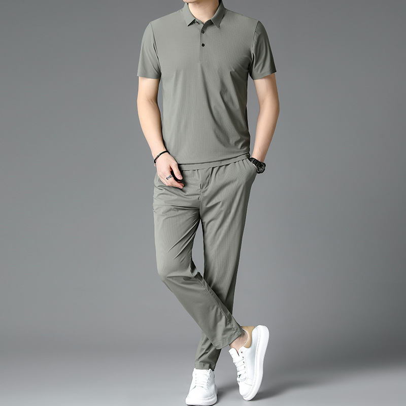 Ice Silk Seamless Short-Sleeved Men's T-Shirt and Pants Set, Summer Business Casual Polo Shirt Two-Piece Set for Middle-Aged Dads