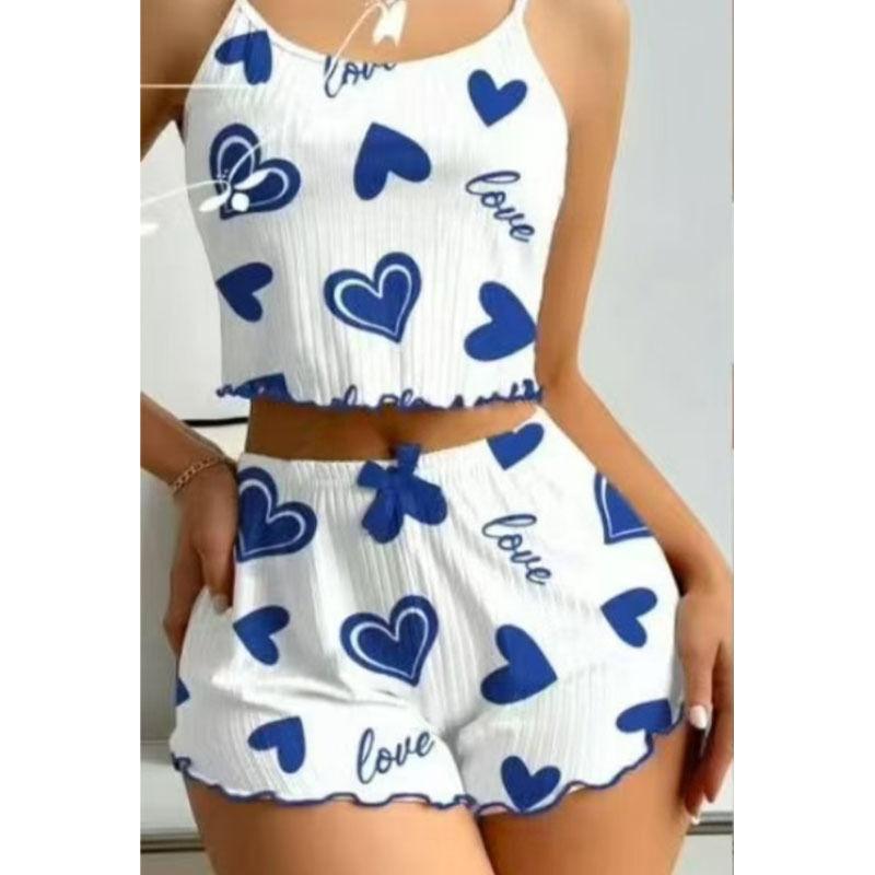 New European and American Cross-Border Hot-Selling Loungewear Ribbed Heart-Patterned Camisole Pajamas for Women, Can Be Worn Outside, Two-Piece Set with Shorts