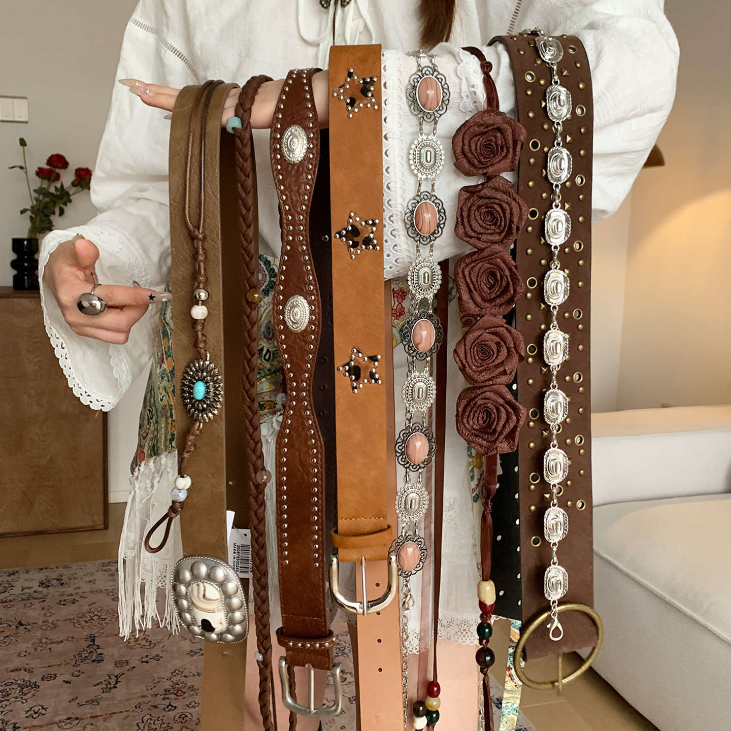 Vintage Bohemian Brown Belt for Women, Niche Rivet Ethnic Style Belt for Skirts and Jeans Waist Cincher Trend
