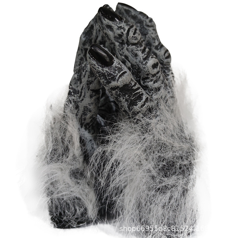 2026 New Black Horror Gloves Animal Fur Claws Performance Props for Halloween Carnival Adult Version