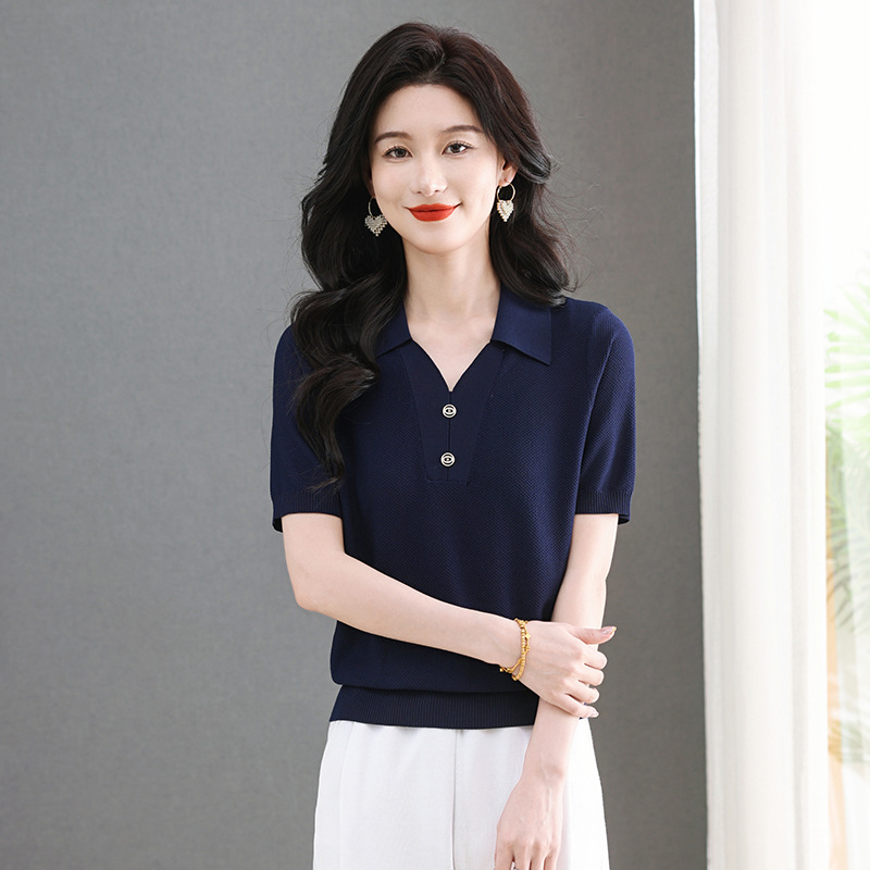 Brand Classy Polo Collar Ice Silk Short-Sleeved T-Shirt for Women Summer Short Mulberry Silk Loose Knitted Top