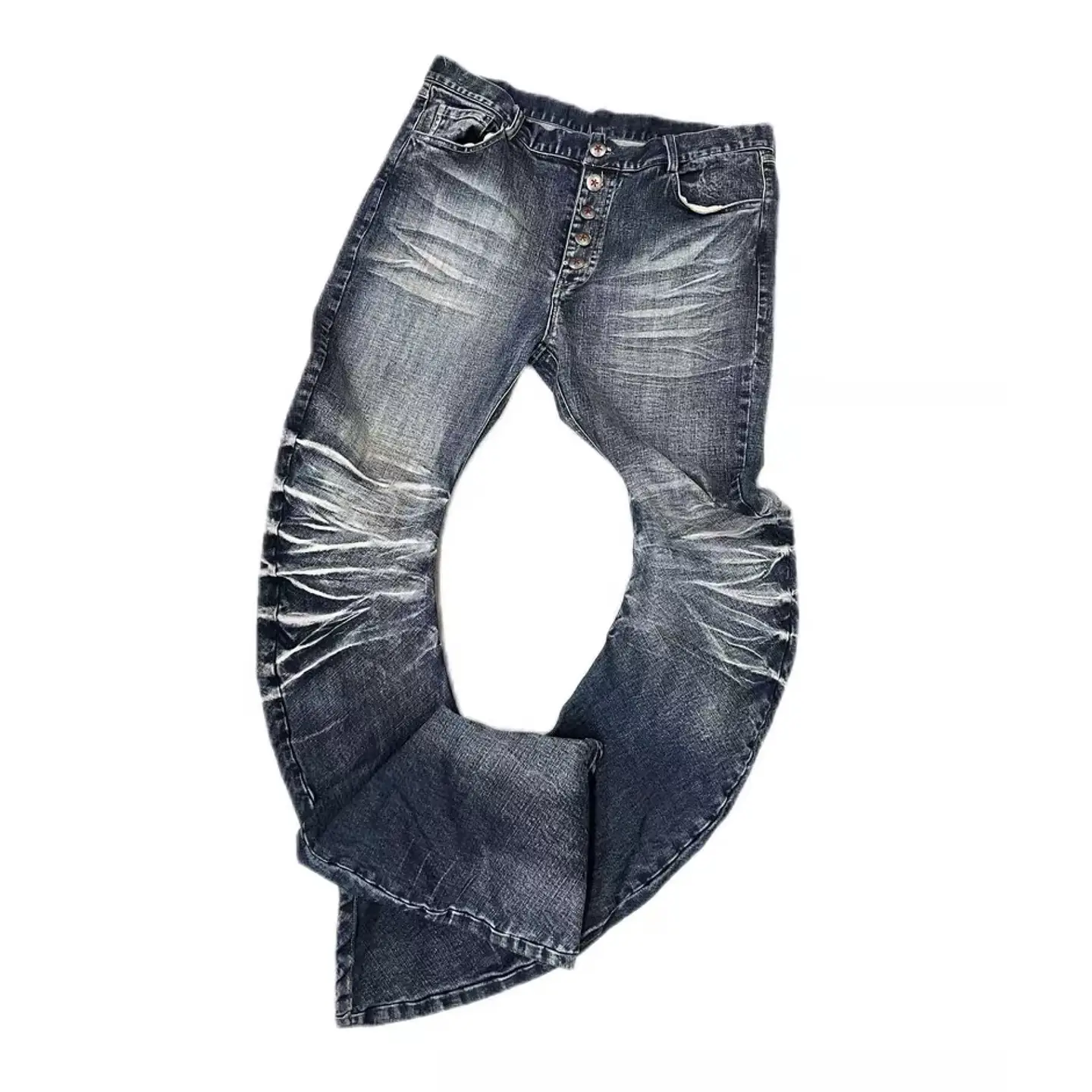 American Vibe Style High Street Stacked Jeans with Button Placket, Ripple Cracks, Pleats, Scimitar Pants, Extended Length Pants for Men, Trendy