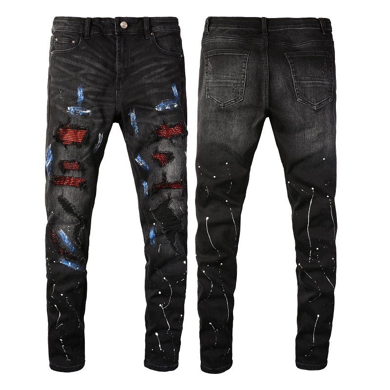 Trendy Men's Casual Versatile American High Street Graffiti Jeans with Ripped Holes and Rhinestone Patches Slim Fit Men's Pants