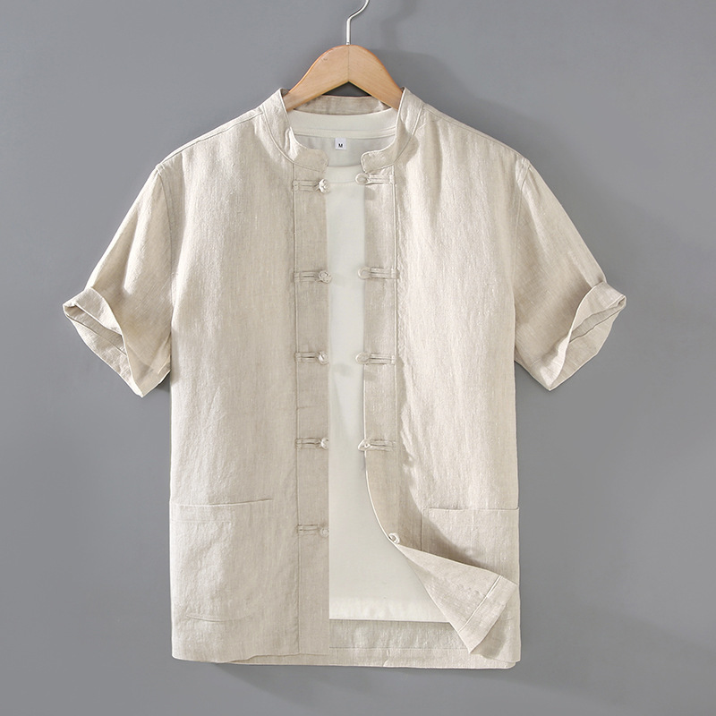 26Th Summer Chinese Style Cotton Linen Short Sleeve Shirt for Men, Retro Chinese Style Buttoned Tang Suit Hanfu Top, Large Size
