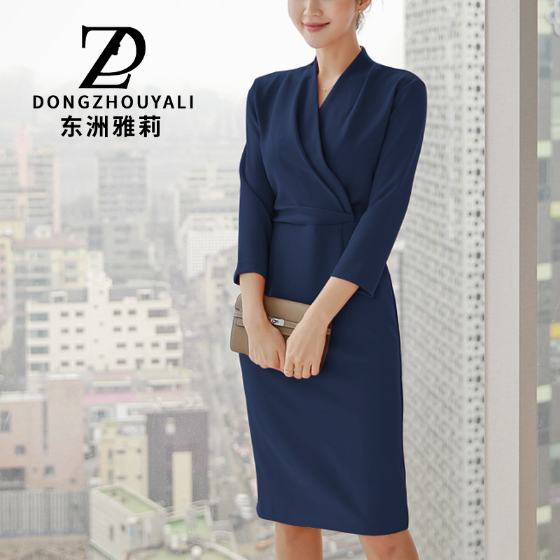 High-End Three-Quarter Sleeve Dress 2024 Summer and Autumn New Slim Fit Work Clothing Professional Capable Back Slit Hip Skirt