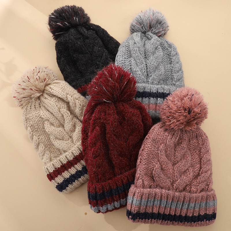 Winter Fashion All-match Knitted Wool Hat Children's Cute Velvet Thickened Cold-proof Warm Ear-protecting Fur Ball Hat