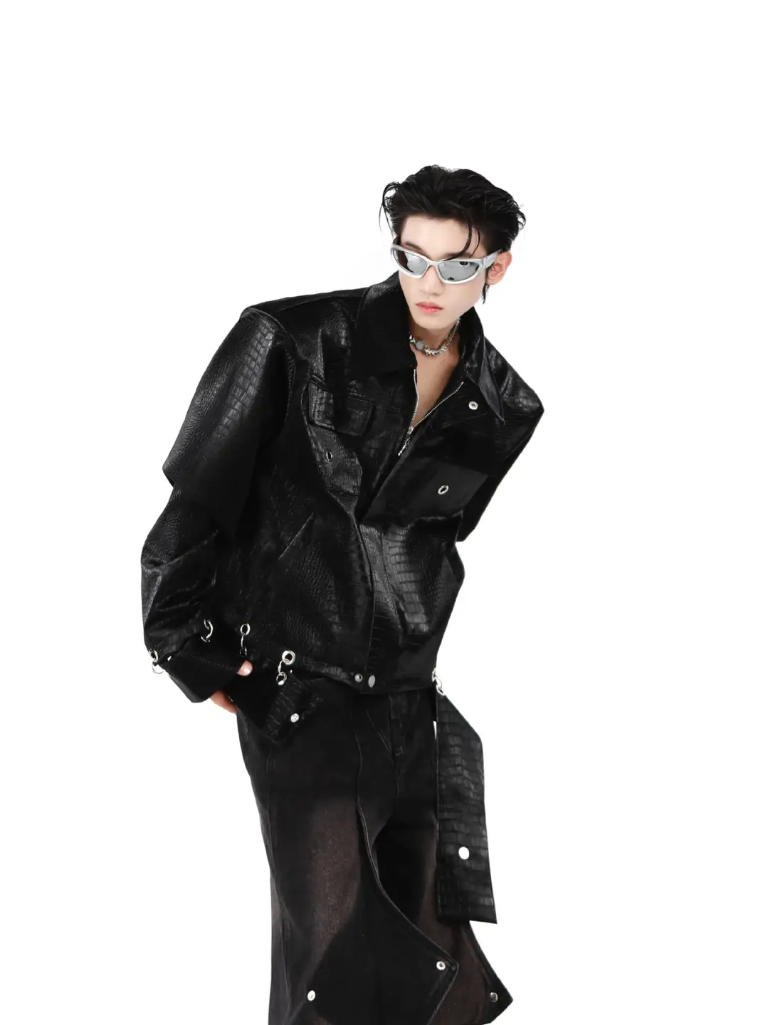 2024 Original Niche Crocodile Shoulder Pad PU Leather Jacket Stitching Design Sense Jacket Senior Top Men