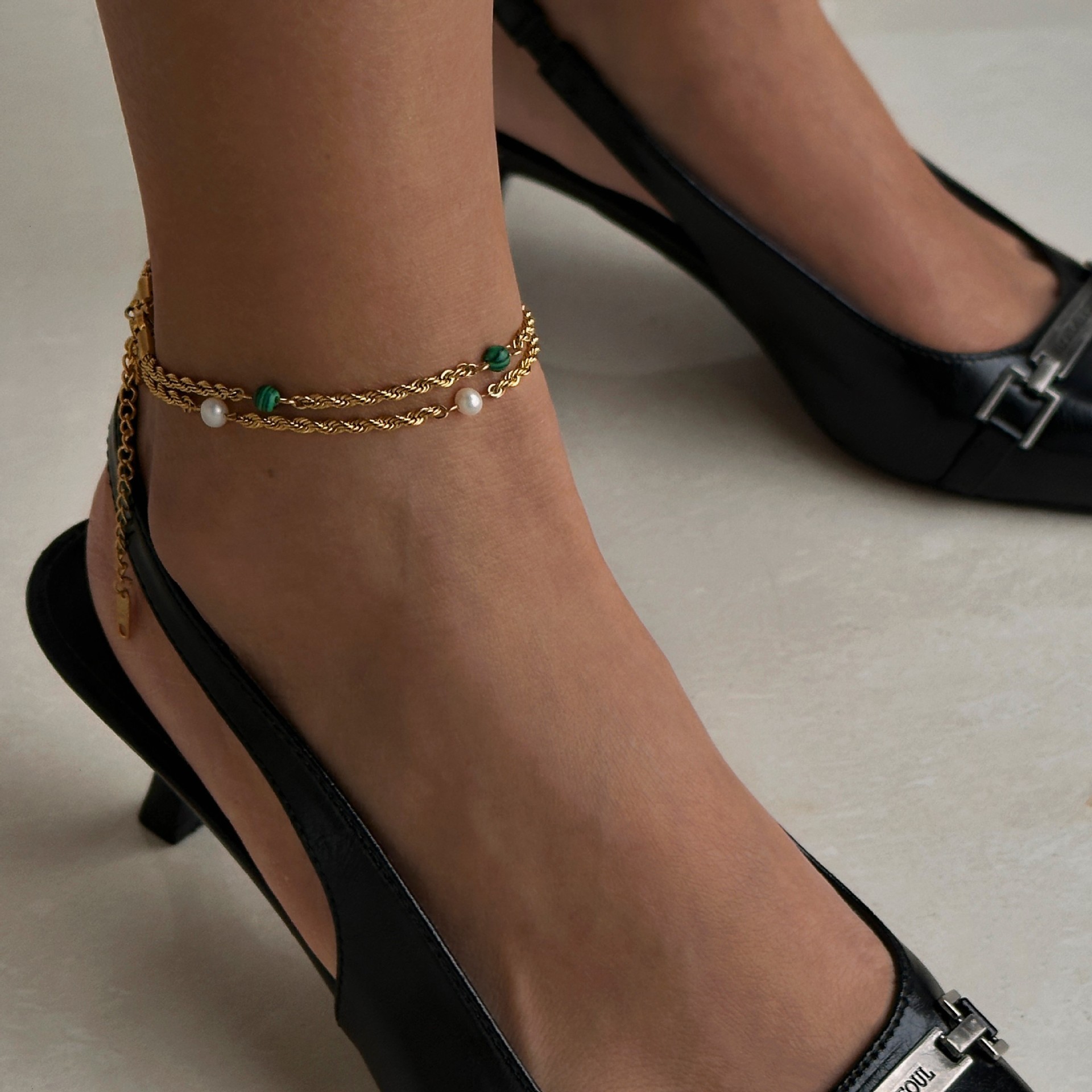 Dazan European and American Cross-Border Fashion Simple Retro Style 18K Electroplated Pearl Malachite Starry Sky Twist Chain Anklet