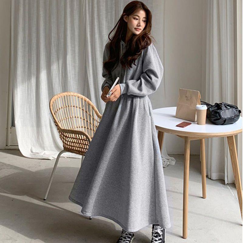 Autumn and winter sweater dress South Korea cross-border new hooded plus size slimming waist-tight student solid color dress women's clothing dress