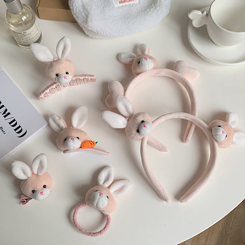 New Cartoon Cute Rabbit Ear Hairband Plush Hairpin Wash Face Headband Girl's Headwear Tie Hair Rope