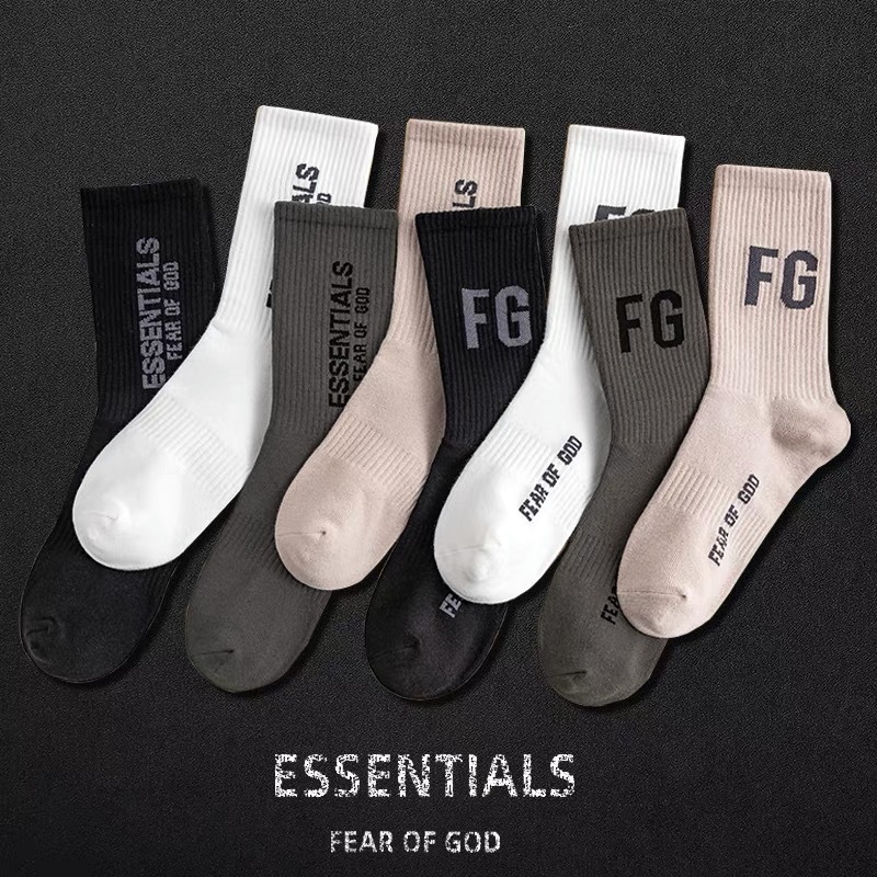 Fashionable Brand Fog Multi-Line Ess High Street Letter Rich Men's and Women's Pure Cotton Mid-Calf Socks All Year Round Trendyy Sports Socks