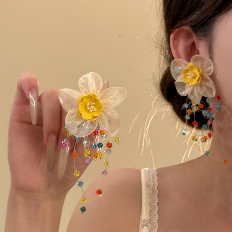 Coastal Time~ Vacation Style Yellow Flower Earrings for Women, Colorful Beaded Tassel Earrings, High-End Exaggerated Earrings
