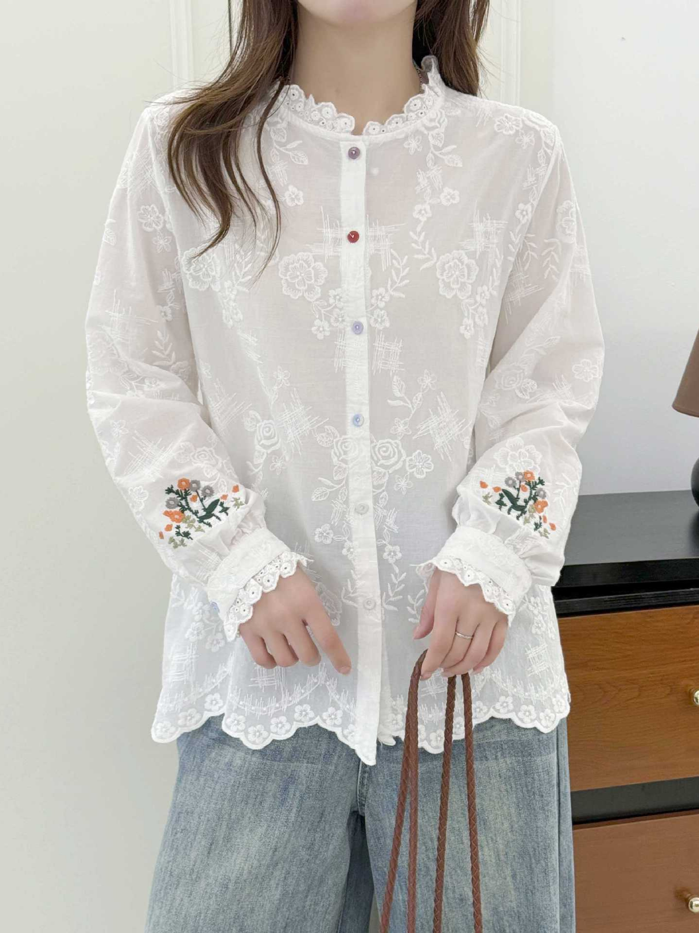2026 Spring Women's Jacquard Ruffle Collar Lace Shirt Loose Casual College Style Top New Shirt