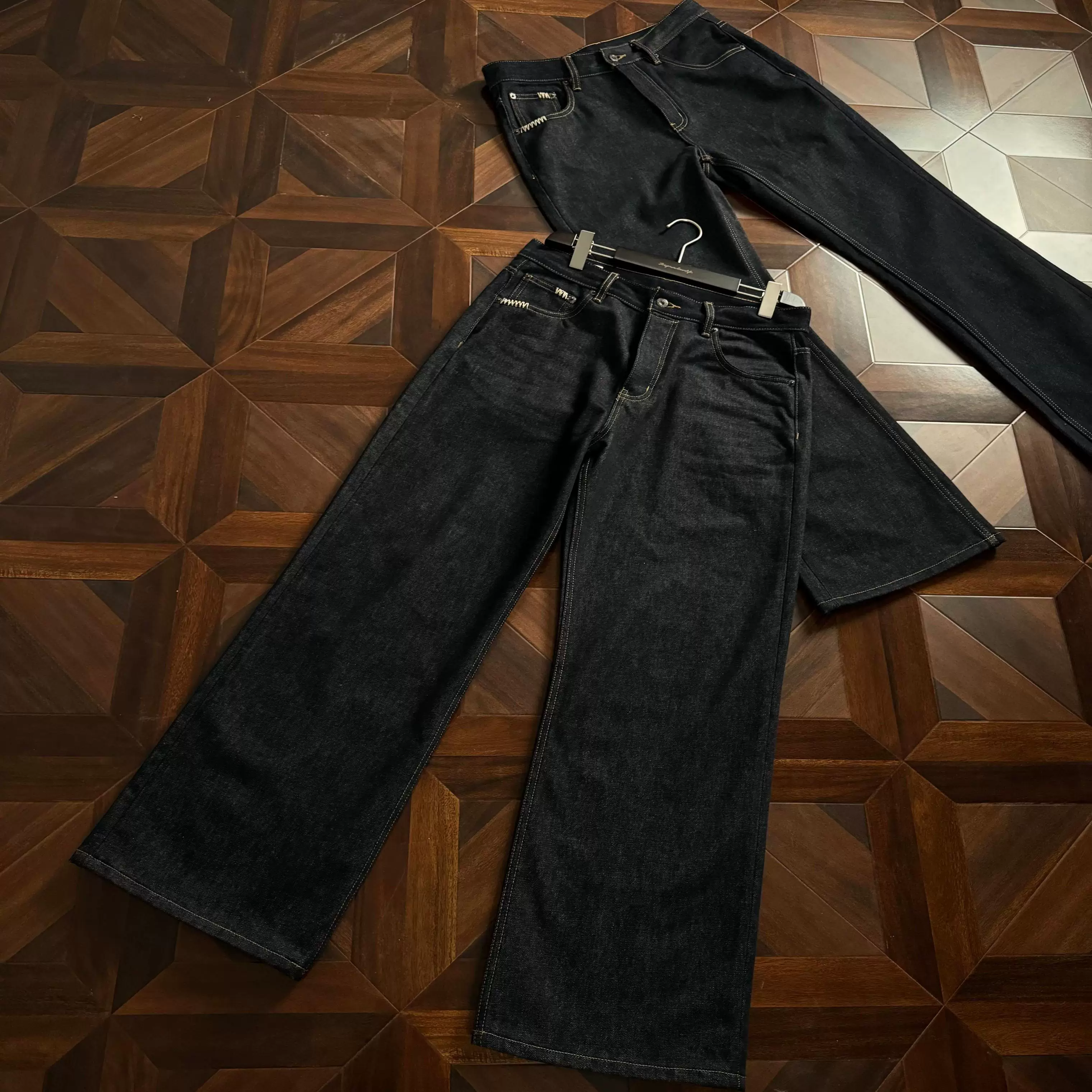 Oclin hand sewn needle. 5oz original cow A-line straight cut solid color denim jeans differentiation item Denim