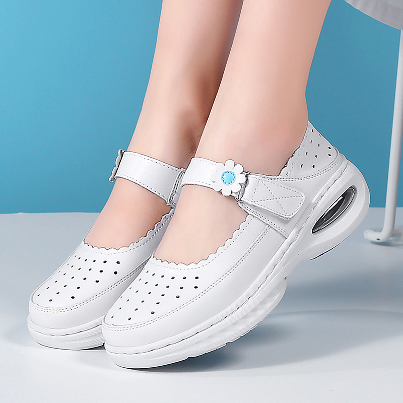 in stock Air Cushion Nurses' Shoes White Flat Wedge Heeled Breathable Comfortable Soft Sole Non-Slip Hospital Women's Spring and Summer Work Shoes