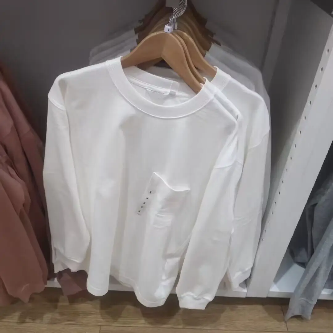 Men's and Women's Couple Style Cotton Round Neck T-Shirt Casual Drop Shoulder Long Sleeve Pocket Sweatshirt 460316