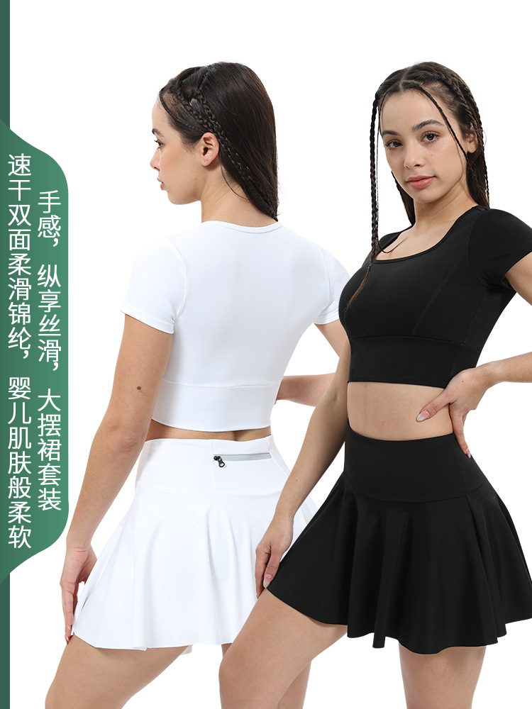 Cross-Border Naked-Feel Yoga Wear for Women, Shock-Proof and Supportive Fitness Wear, Sun-Protective Quick-Dry Outdoor Sports T-Shirt and Tennis Skirt Set