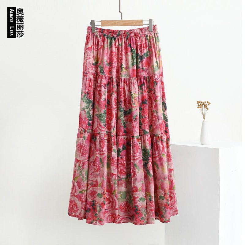 Summer Cotton Silk Long Skirt 2026, Suitable for Outerwear, Artificial Cotton Home Skirt, Fashionable and Stylish High-Waisted Floral Long Skirt