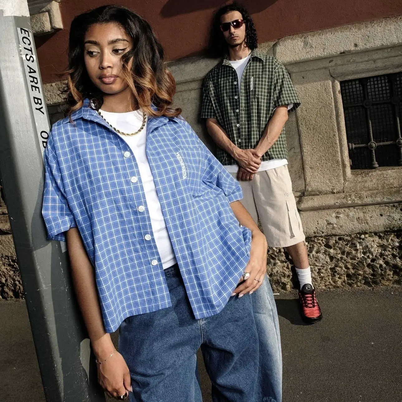 Mertra Summer New Fashion Trendy Versatile Shirt for Men and Women Loose Embroidered Logo Plaid Casual Short Sleeves