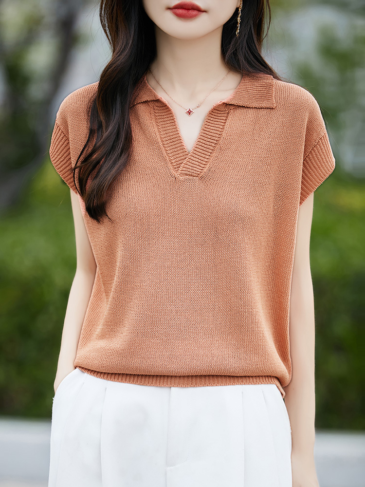 2025 New Summer Linen Lapel Knitwear Short-Sleeved T-Shirt Women's Pure Color Pullover Loose Bottoming Shirt Top