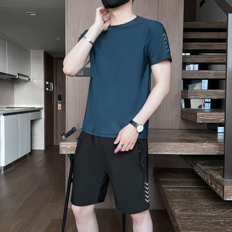 Summer New Large Size Men's Casual Sports Suit Short-sleeved Shorts Two-piece Ice Silk Quick-drying Running Suit Trendy