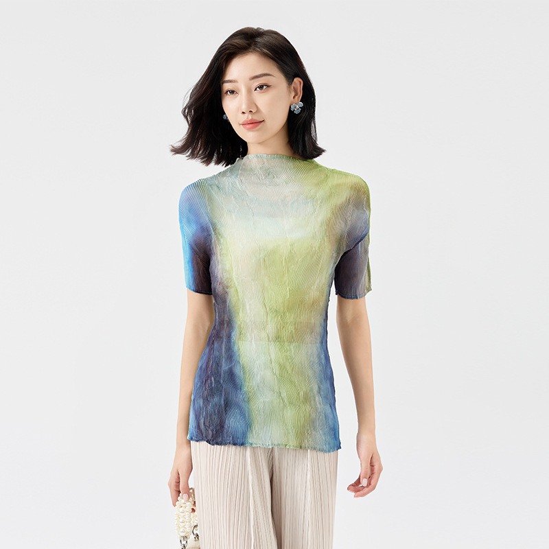 High-Quality Pleated T-Shirt Summer New Short-Sleeved Tencel Knitwear Gradient Color Printed Stand-Up Collar Slim Top for Women