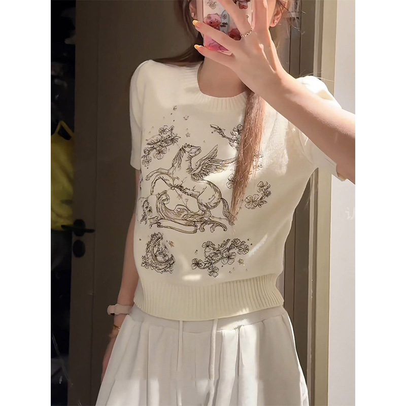 2026 Spring New Vintage Chanel Style Embroidered Slimming Regular Shoulder Short Sleeve Knitted Top