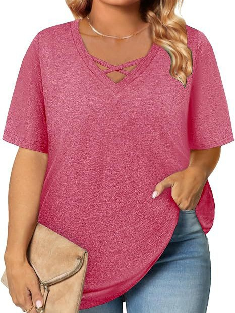 Amazon Foreign Trade plus size Women's Top Summer Fashion Cross Design T-shirt Oversized Casual Loose Top Women