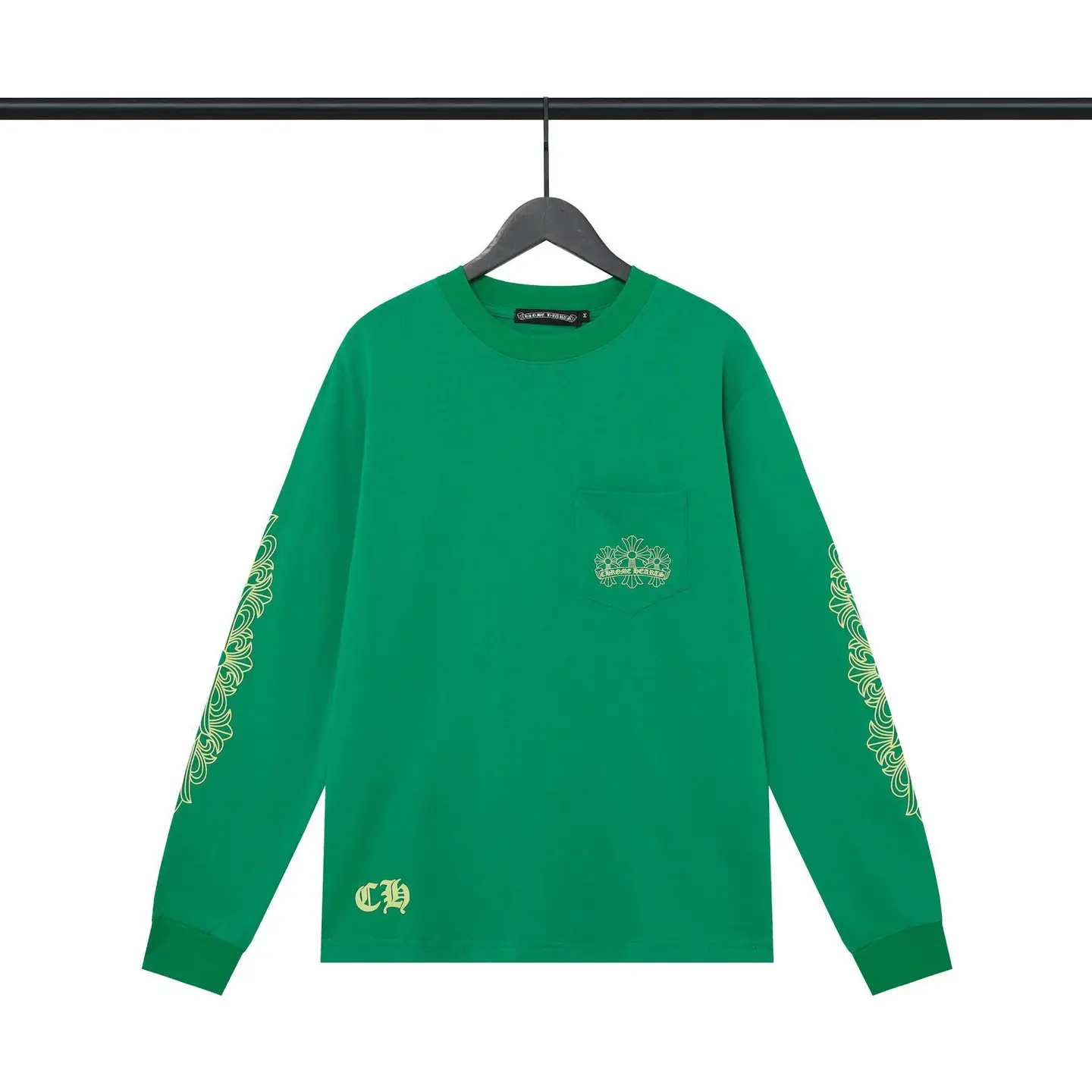 Cross-Border Correct Version of Chrome Hearts Green Phantom Group Cross Letter Printed Long-Sleeved T-Shirt