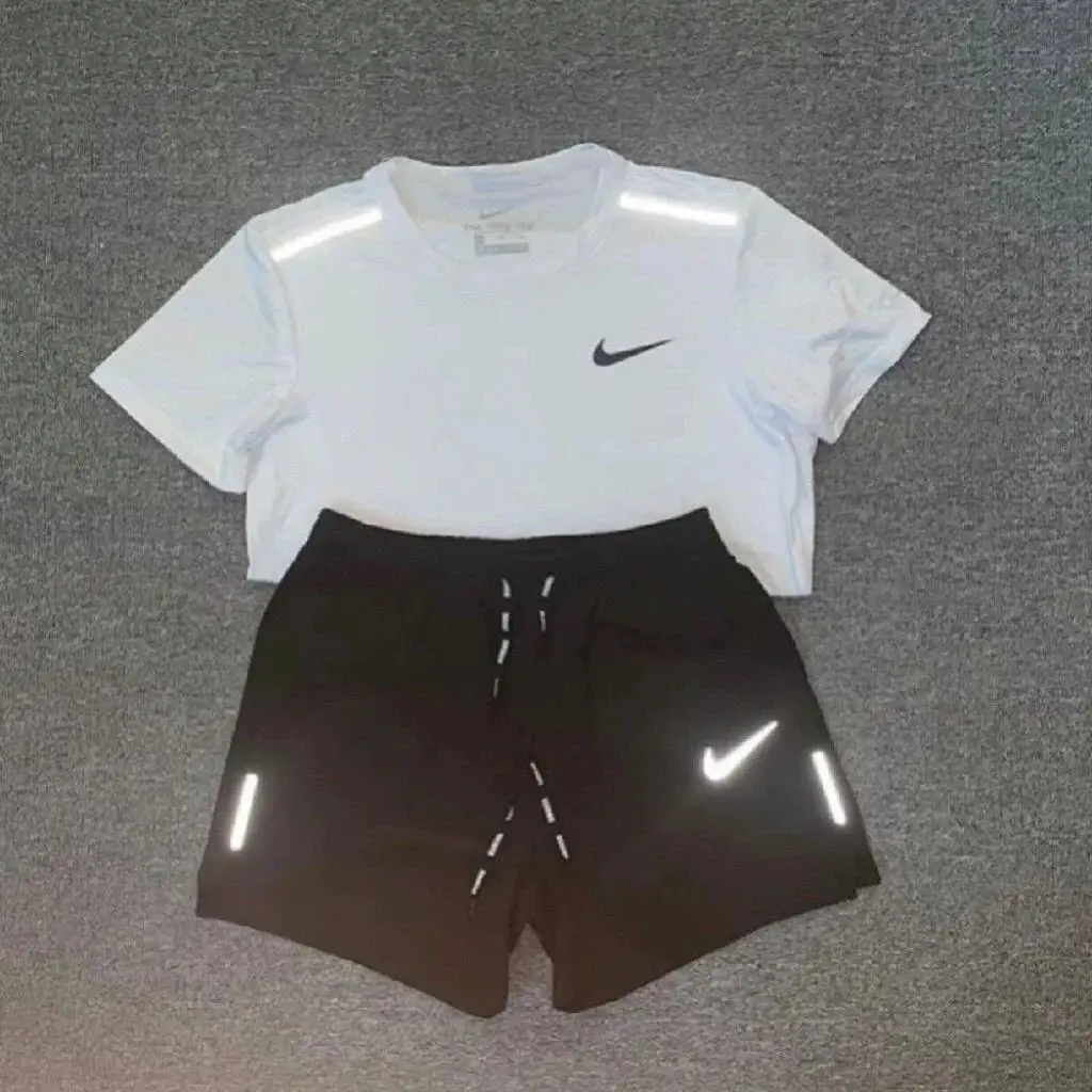 田径训练服跑步休闲夏季速干短袖衣反光三分裤健身运动套装