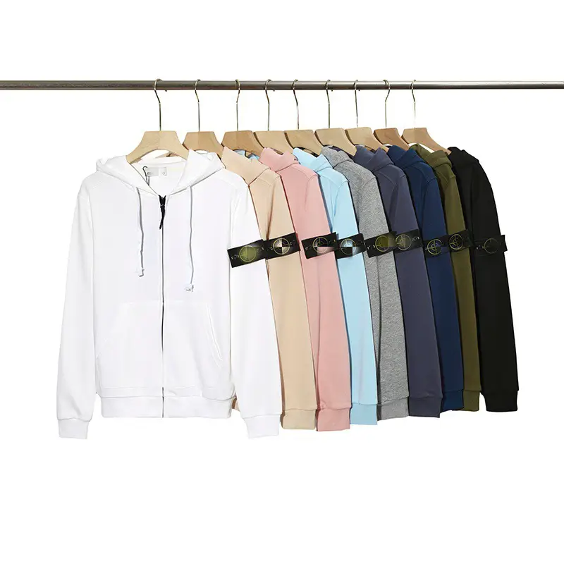 Cross-Border High Version Stone Solid Color Compass Embroidery Hooded Zipper Sweatshirt Trendy Casual Unisex Jacket