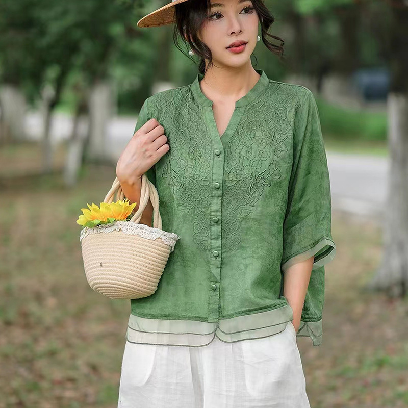 Ramie Artistic Embroidery V-Neck Mid-Sleeve Spliced Gauze Cardigan 20265 Summer Plus-Size Women's Single-Breasted Shirt