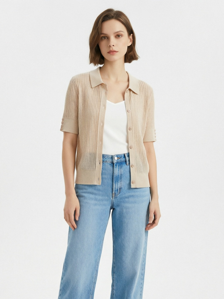 Polo Collar Tencel Thin Sweater Women's Summer New Short-sleeved Cardigan Niche Design Sense Slim-fit Cardigan French Style