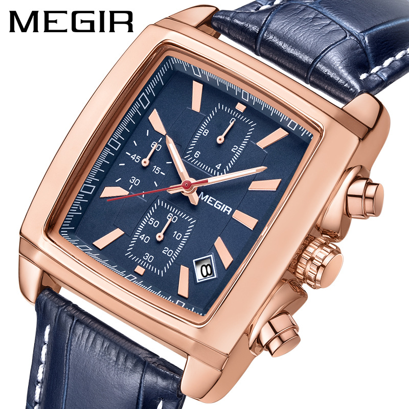 Hot Sale megir Men's Watch Fashion Light Retro Multifunctional Chronograph Square Genuine Leather Men's Watch 2028