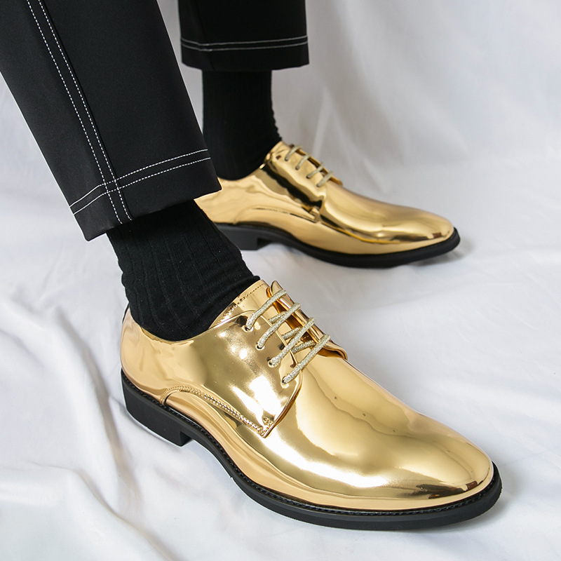 Cross-Border Large Size Formal Glossy Pointed Leather Shoes Fashionable British Style Lace-Up Casual Shoes Nightclub Barber Men's Shoes
