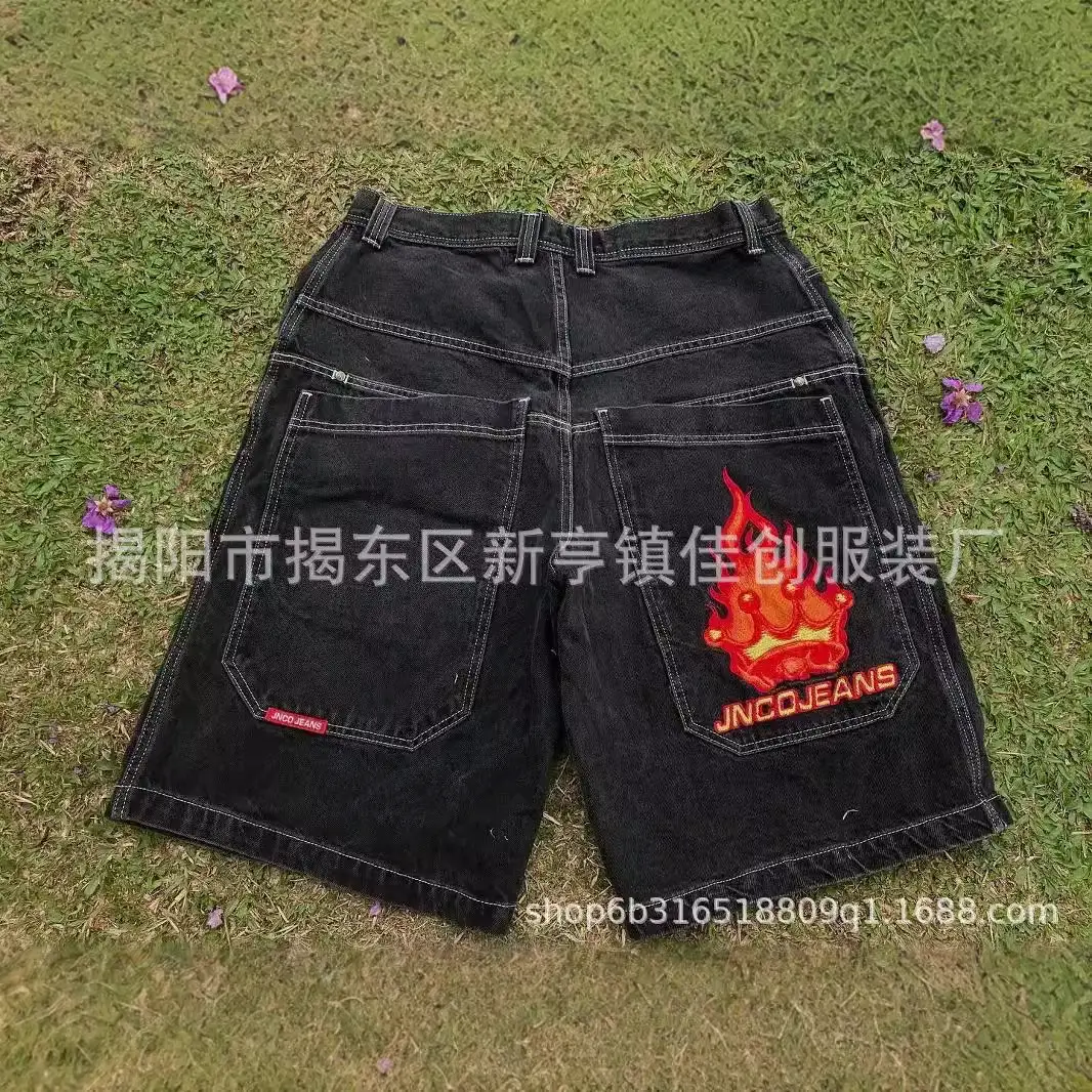 Cross-border Direct Selling New American Street Hip Hop Denim Shorts Men's Casual Loose Wide Leg High Street Straight Shorts Trendy