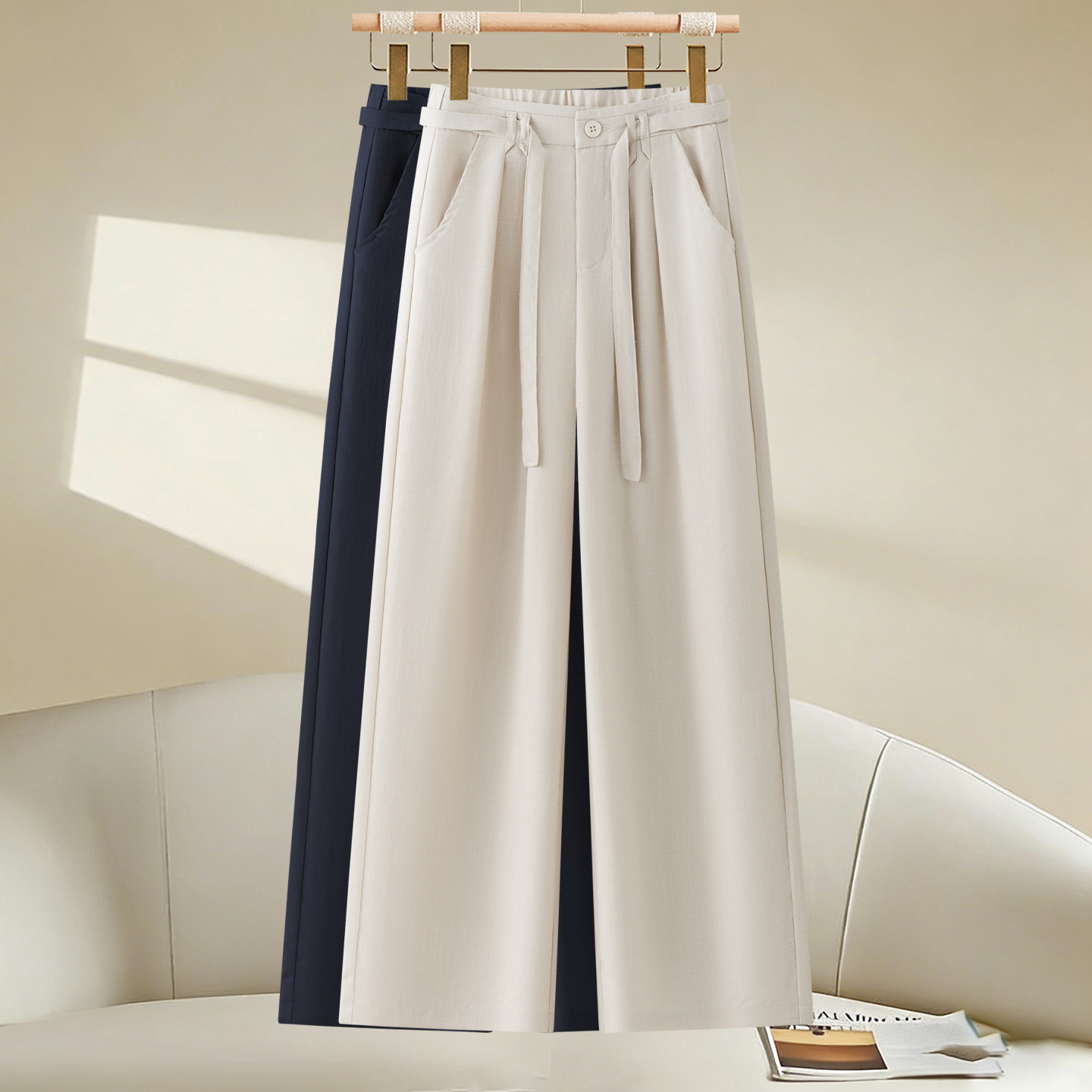 Casual Old Money Style High-Waisted Thin Wide-Leg Pants for Women, 2026 Summer New Loose Linen Narrow Straight-Leg Casual Pants