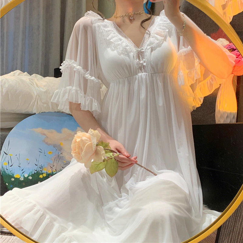 Spring and Autumn Long Sleeve Nightdress Girly Elegant Fairy Round Neck Summer Short Sleeve Lace Retro Princess Pajamas Home Clothes