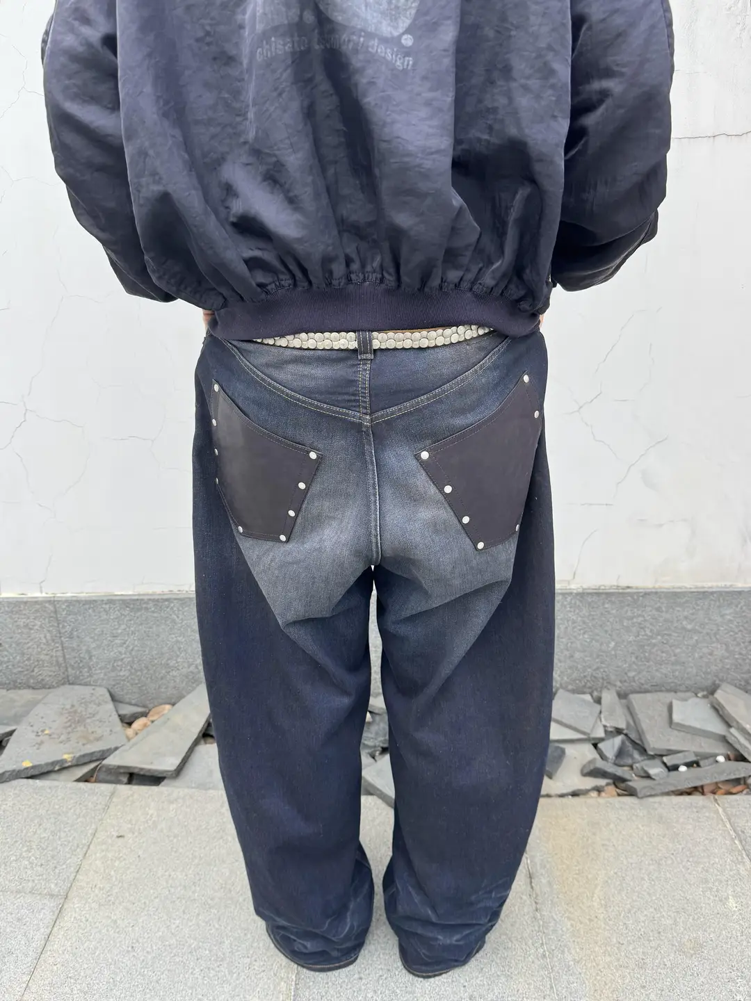Dmc Create Niche Washed Dirty Dyed Distressed Denim Rivet Leather Flap Pocket pants Whiskered Wrinkled Baggy pants