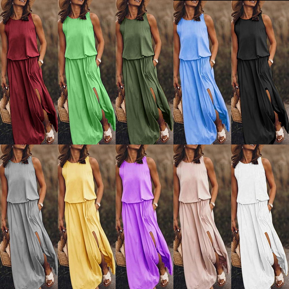 2025 New Summer Amazon European and American Casual Women's Plaid 8-Color Round Neck Sleeveless Slit Solid Color Dress